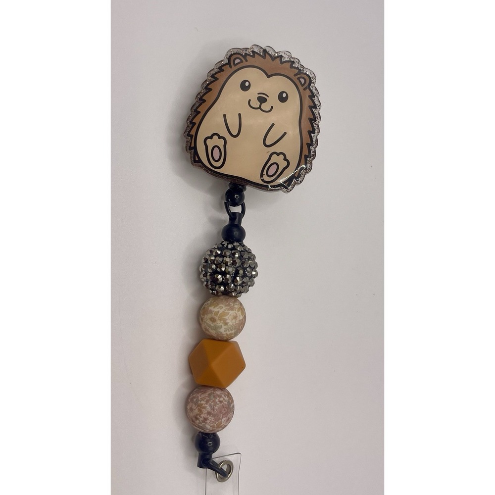 Retractable Beaded Badge Reel ID Card Holder Cute Hedgehog